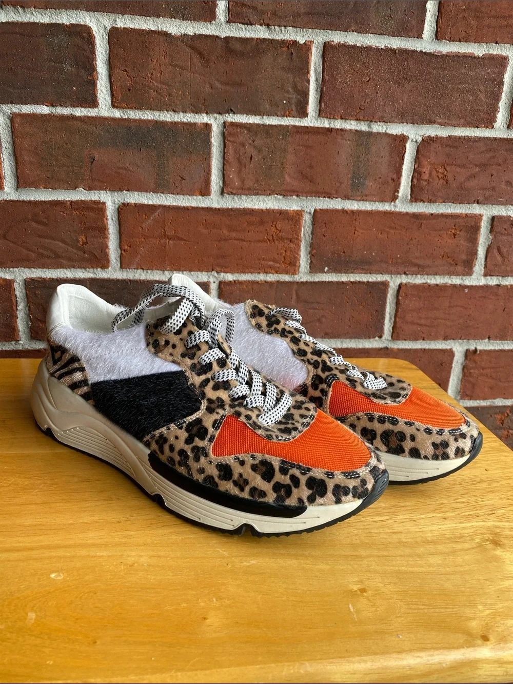 Women's Leopard Print Sneakers with Bright Orange Mesh Accents